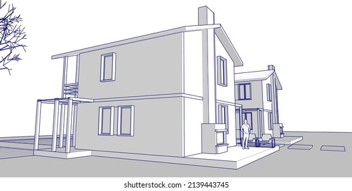 dibujo arquitectónico de casa tradicional renderización 3d