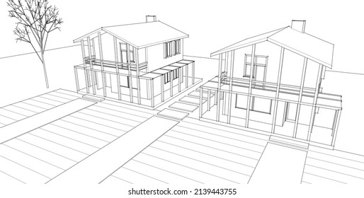 traditional house architectural sketch 3d rendering