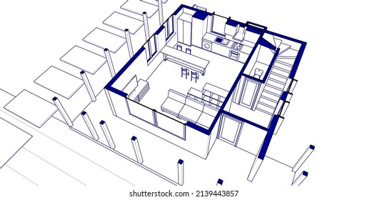 dibujo arquitectónico de casa tradicional renderización 3d