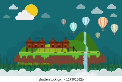 Traditional house and balloon, flat design.