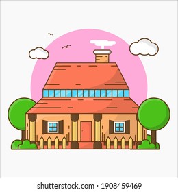 Traditional House Building Vector Icon Illustration. Flat Cartoon Style for Web Landing Page, Banner, Sticker, Background.