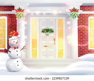 Traditional house composition with front view of snowy home entrance with festive christmas decorations and snowman vector illustration