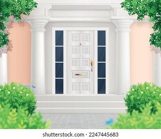 Traditional house composition with outdoor scenery and front view of home entrance surrounded by green bushes vector illustration