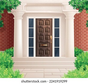 Traditional house front composition with view of home entrance with wooden door classic pillars and leaves vector illustration