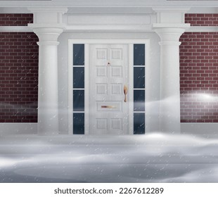 Traditional house front concept antique style with white door and columns with brick facade vector illustration