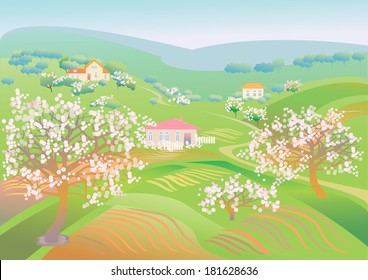 Traditional house green field rural landscape