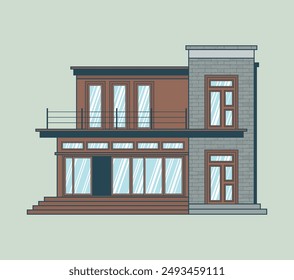 Traditional house isolated on white background. Modern building illustration. Flat minimal 2 floor house. 2D architectural graphic illustration of the front of a modern house. Japanese, Chinese house.