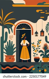 traditional house of mexico city tourism attraction vector flat color illustration wall art print poster 