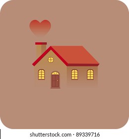 Traditional House in the mist with a big heart coming out from the chime pot. Family concept