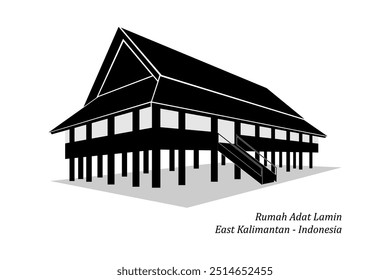 Casa tradicional chamada "Rumah Lamin" de Kalimantan Oriental, Indonésia. Icônica casa grande da tribo Dayak. Ilustração de design plano monocromático.