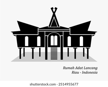 Traditional house named "Rumah Lancang" from Riau, Indonesia. Indonesia traditional house. Monochrome flat design illustration.