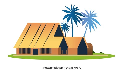 Traditional house tropical landscape palm trees colorful
