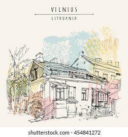 Traditional house in Vilnius old town, Lithuania, Europe. Travel sketch. Vintage artwork. Hand drawn artistic postcard or poster template, touristic calendar or book illustration in vector