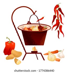 Traditional Hungarian dish. Goulash soup with meat, paprika, potatoes, onion, garlic and carrots served in the cauldron. Vector illustration. 