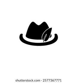 Traditional Hunter Hat with Feather Solid Flat Vector Icon Isolated on White Background.