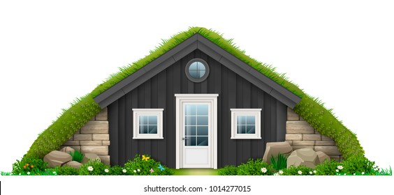 Traditional Icelandic turf house. Eco architecture. Concept in vector graphics. Fabulous hut