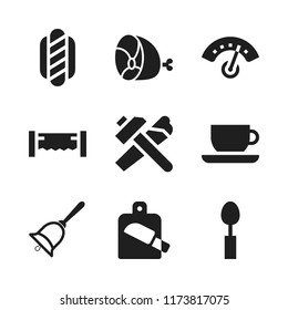 traditional icon. 9 traditional vector icons set. hand bell, tools and utensils and ham icons for web and design about traditional theme