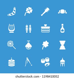 Traditional icon. collection of 16 traditional filled icons such as boomerang, clover, sewing, lollipop, kebab, clover, sushi. editable traditional icons for web and mobile.
