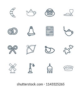 Traditional icon. collection of 16 traditional outline icons such as mosque, teapot, bell, ninja, engagement ring, street lamp. editable traditional icons for web and mobile.