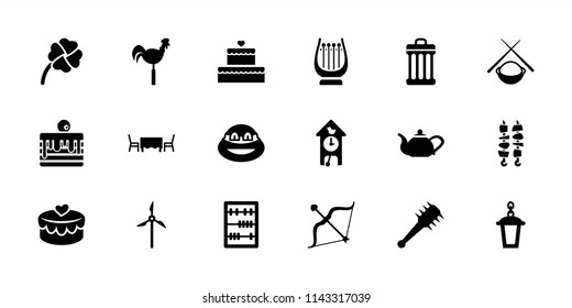 Traditional icon. collection of 18 traditional filled icons such as ninja, street lamp, weather vane, bow, heart lock, abacus. editable traditional icons for web and mobile.