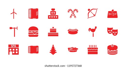 Traditional icon. collection of 18 traditional filled icons such as cake, christmas tree, cheeseburger, pie, weather vane. editable traditional icons for web and mobile.