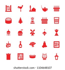 Traditional icon. collection of 25 traditional filled icons such as mosque, teapot, trash bin, abacus, bell, cake. editable traditional icons for web and mobile.