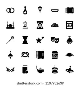 Traditional icon. collection of 25 traditional filled icons such as whirligig, teapot, sparklers, abacus, double burger. editable traditional icons for web and mobile.