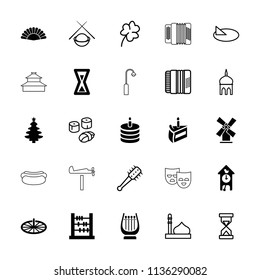 Traditional icon. collection of 25 traditional filled and outline icons such as abacus, christmas tree, sundial, hourglass. editable traditional icons for web and mobile.