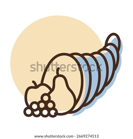 A traditional icon of a cornucopia, overflowing with a bountiful harvest of autumn vegetables and fruits. A perfect symbol of abundance and gratitude for Thanksgiving and seasonal designs.