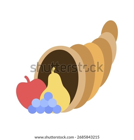 A traditional icon of a cornucopia, overflowing with a bountiful harvest of autumn vegetables and fruits. A perfect symbol of abundance and gratitude for Thanksgiving and seasonal designs.