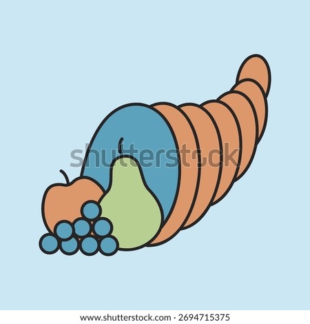 A traditional icon of a cornucopia, overflowing with a bountiful harvest of autumn vegetables and fruits. A perfect symbol of abundance and gratitude for Thanksgiving and seasonal designs.