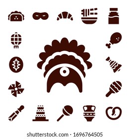 traditional icon set. 17 filled traditional icons.  Simple modern icons such as: Taco, Lantern, Sourdough, Headdress, Windmill, Chicken leg, Bell, Maraca, Chisel, Mask, Cake, Croissant