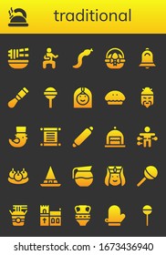 traditional icon set. 26 filled traditional icons. Included Noodle, Teapot, Martial arts, Snake, Easter egg, Bell, Chisel, Lollipop, Arab woman, Pie, Chinese, Saint Patrick icons