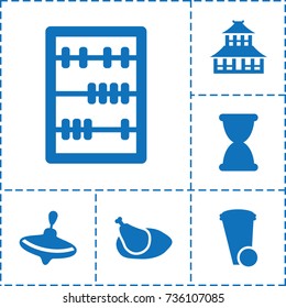 Traditional icon. set of 6 traditional filled icons such as temple, whirligig, trash bin, abacus, chicken