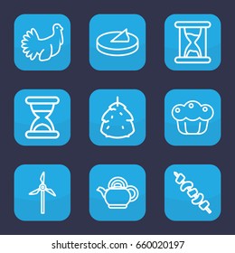 Traditional icon. set of 9 outline traditional icons such as berry, kebab, turkey, pie, teapot, mill, sundial
