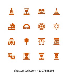 traditional icon set. Collection of 16 filled traditional icons included Hourglass, Sand clock, Rug, Water well, Torii, Cotton candy, Arab man, Judaism, Pagan, Ring, Headdress