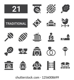 traditional icon set. Collection of 21 filled traditional icons included Indonesia, Abacus, Shakespeare, Lantern, Fireplace, Lollipop, Ring, Arab man, Mask, Chicken leg, Indian