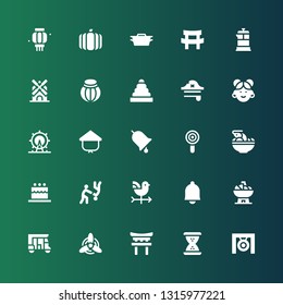 traditional icon set. Collection of 25 filled traditional icons included Gong, Hourglass, Torii, Windmill, Tuk tuk, Bowl, Bell, Vane, Aikido, Cake, Tom yum, Lollipop, Ring, Kasa