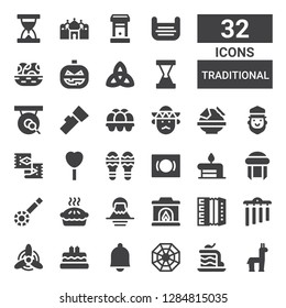 traditional icon set. Collection of 32 filled traditional icons included Alpaca, Cake, Pagan, Bell, Birthday cake, Windmill, Chimes, Accordion, Fireplace, Fuji mountain, Pie, Banjo