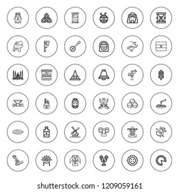 Traditional icon set. collection of 36 outline traditional icons with arab man, arab woman, bamboo, banjo, bell, bunny, cake, chinese, dragon icons. editable icons.