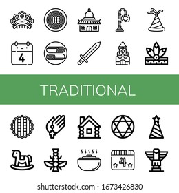 traditional icon set. Collection of Kokoshnik, th of july, Spaghetti, Shawarma, Temple, Sword, Street lamp, Kremlin, Party hat, Native american, Pie, Rocking horse, Prayer icons