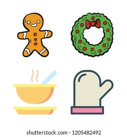 traditional icon set. vector set about soup, gingerbread man, christmas wreath and mitten icons set.
