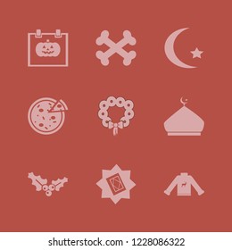 traditional icon. traditional vector icons set holly berry, christmas wreath, halloween date on calendar and pizza