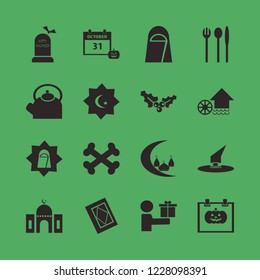 traditional icon. traditional vector icons set bones, happy halloween, water mill and islam symbol