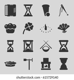 Traditional icons set. set of 16 traditional filled icons such as trash bin, pie, weather vane, harmonic, clover, fan, asian food, hourglass, sundial, sewing