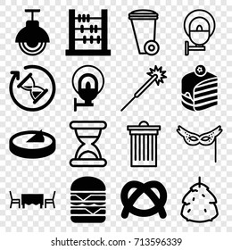 Traditional icons set. set of 16 traditional filled and outline icons such as piece of cake, double burger, restaurant table, street lamp, sundial, hourglass, berry, sparklers