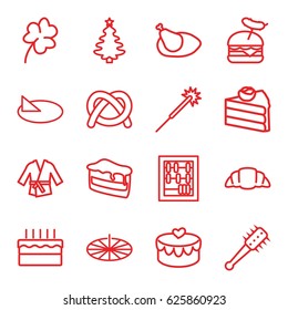 Traditional icons set. set of 16 traditional outline icons such as Clover, sparklers, piece of cake, burger with sausage, croissant, heart lock, cake, chicken, sundial, mace
