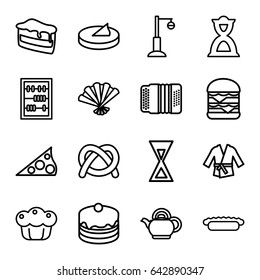 Traditional icons set. set of 16 traditional outline icons such as piece of cake, cake, double burger, street lamp, hourglass, harmonic, abacus, pie, fan, teapot, sundial