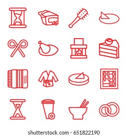 Traditional icons set. set of 16 traditional outline icons such as trash bin, asian food, pie, harmonic, candy cane, chicken, hourglass, sundial, mace, kimono, abacus