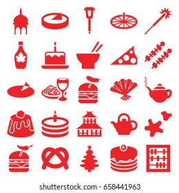 Traditional icons set. set of 25 traditional filled icons such as mosque, temple, cake with one candle, teapot, sparklers, cake, asian food, maple syrup, burger with pepper